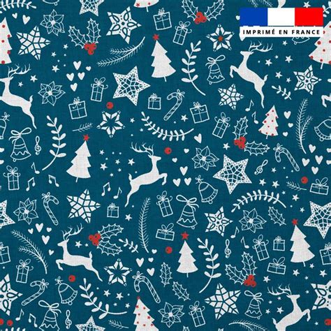 Popeline De Coton Peign Bleue Motif Renne Et Sapin De Noel Tissus