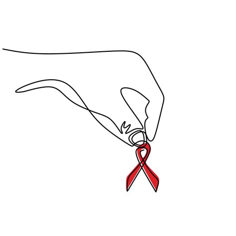 One line drawing of hand holding red ribbon symbol for aids. Prevention ...