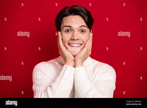 Closeup Photo Of Toothy Beaming Smile Brunet Hair Guy Cute Face Touch