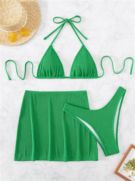 SHEIN Swim Vcay Ribbed Bikini Set Halter Triangle Bra High Cut Bottom