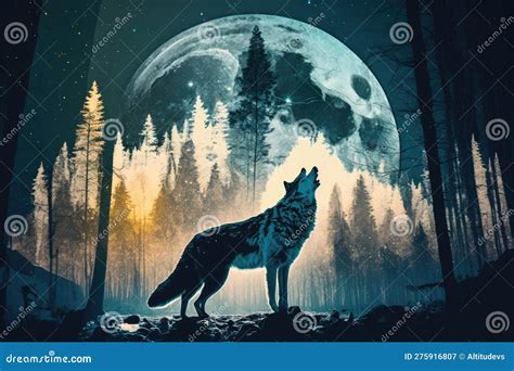 Double Exposure of Wolf and Snowy Forest, with the Moon Shining Above ...