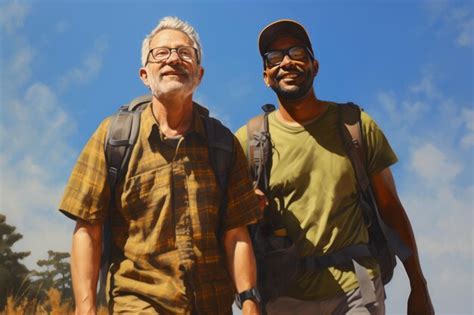 Premium AI Image Trail Of Love Older Interracial Gay Couple On A Hike