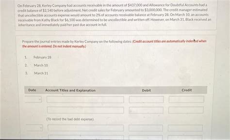 Solved On February Kerley Company Had Accounts Chegg