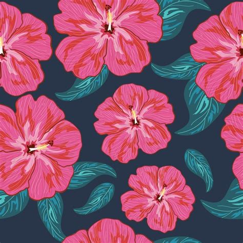 Premium Vector Pink Color Hibiscus Flowers Seamless Pattern