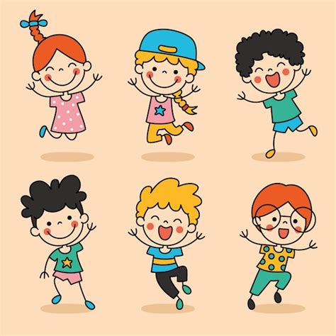 Niños de dibujos animados divertidos dibujados a mano Vector Premium