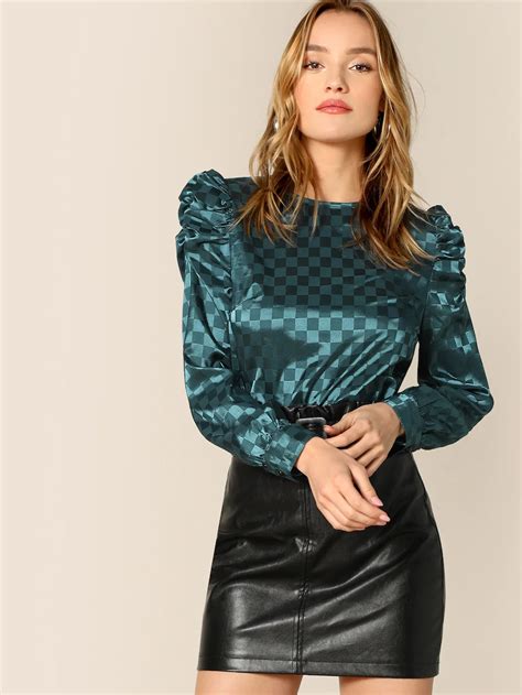 Shein Puff Sleeve Plaid Satin Top Satin Top Beautiful Blouses Fashion