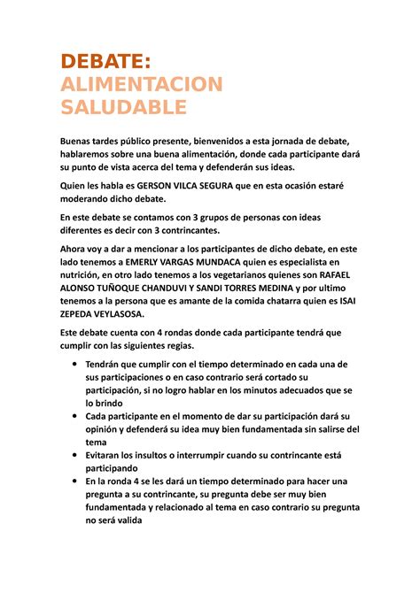 Debate Salud Publica DEBATE ALIMENTACION SALUDABLE Buenas Tardes