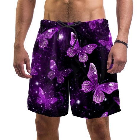 Mens Purple Butterflies Swim Trunks Quick Dry Board Shorts Bathing