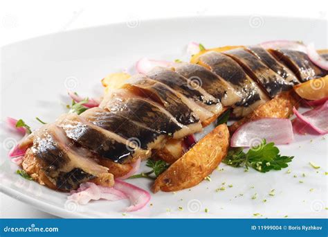 Sliced Fish With Baked Potatoes Stock Photo Image Of Plate Closeup