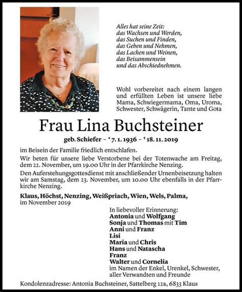 Todesanzeigen Von Lina Buchsteiner Todesanzeigen Vorarlberger Nachrichten