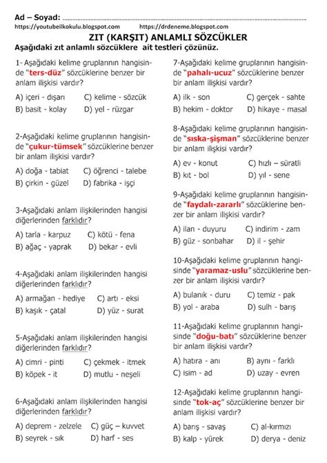 4 SINIF ZIT ANLAMLI SÖZCÜKLER TESTİ 2 Gerçekler İlkokul Etkinlik