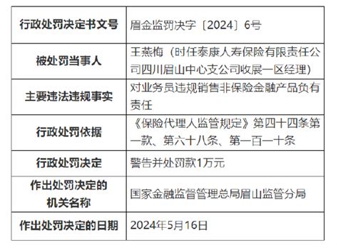 因业务员违规销售非保险金融产品 泰康人寿四川眉山中心支公司被罚万元泰康人寿新浪财经新浪网