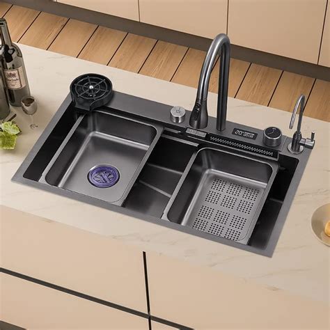 Ksunun Waterfall Kitchen Sink Digital Display Dual Waterfall Outlets