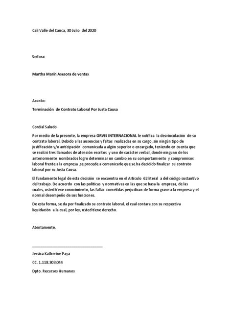 Carta De Terminacion De Contrato Por Justa Causa Pdf