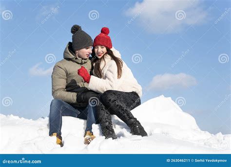 Young Loving Couple Hugs on Hugh Hill, Sunny Winter Day. Winter Holidays Stock Image - Image of ...