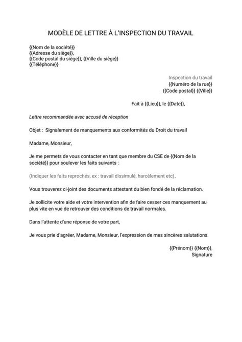 Lettre à linspection du travail modèle à télécharger Gratuit