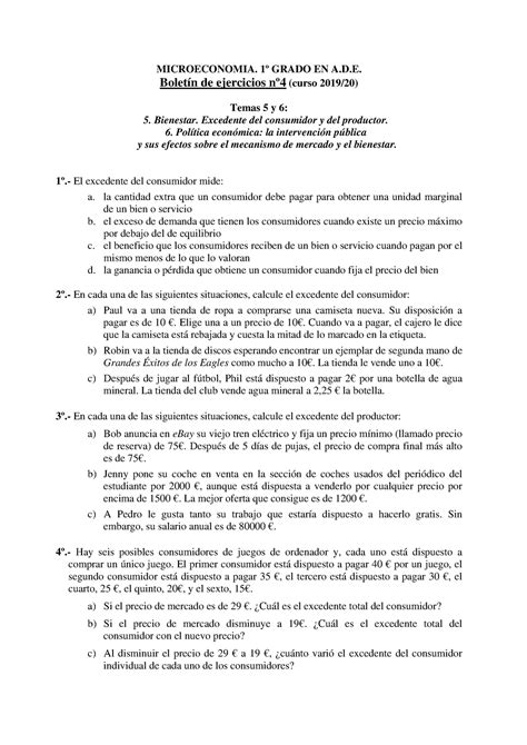 Boletin 4 MICROECONOMIA MICROECONOMIA 1º GRADO EN A D Boletín de