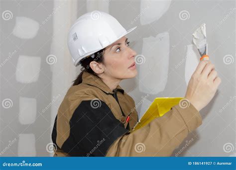 Portrait Woman Plastering Wall Stock Image Image Of Craft