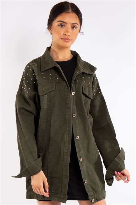 Khaki Long Stud Distressed Denim Jacket