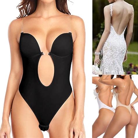 Buy Bodysuit Shapewear Deep V Neck Body Shaper Backless U Plunge Thong Padded Push Up Bra