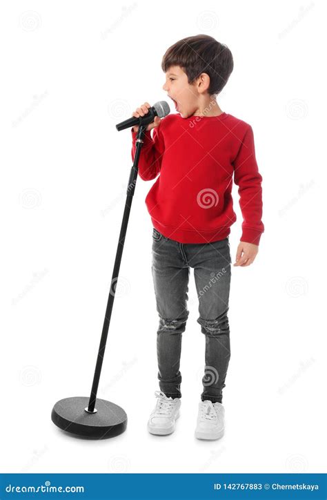 Cute Little Boy Singing Into Microphone Stock Image Image Of