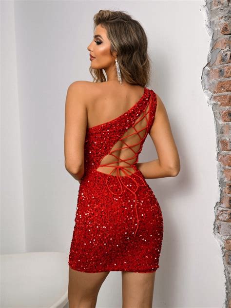 Joyfunear One Shoulder Lace Up Backless Sequin Bodycon Dress Shein Uk