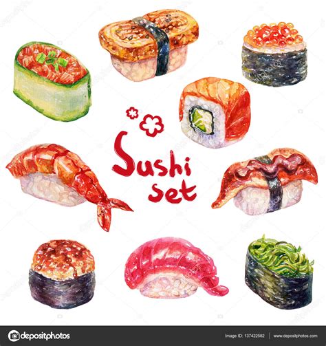 Watercolor Sushi Set Of Beautiful Tasty Japanese Sushi Illustration