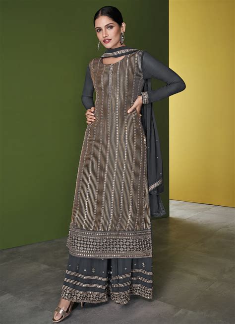 Grey Straight Cut Palazzo Suit Salwar Kameez Designer Collection