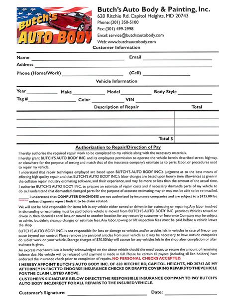 Repair Authorization Form Butchs Butchs Auto Body