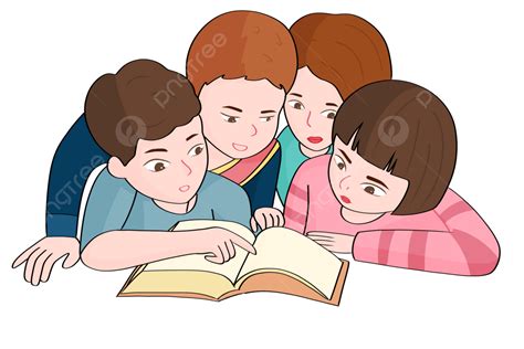 手繪四個小孩一起讀書 兒童 讀書 國際兒童圖書日素材圖案，psd和png圖片免費下載