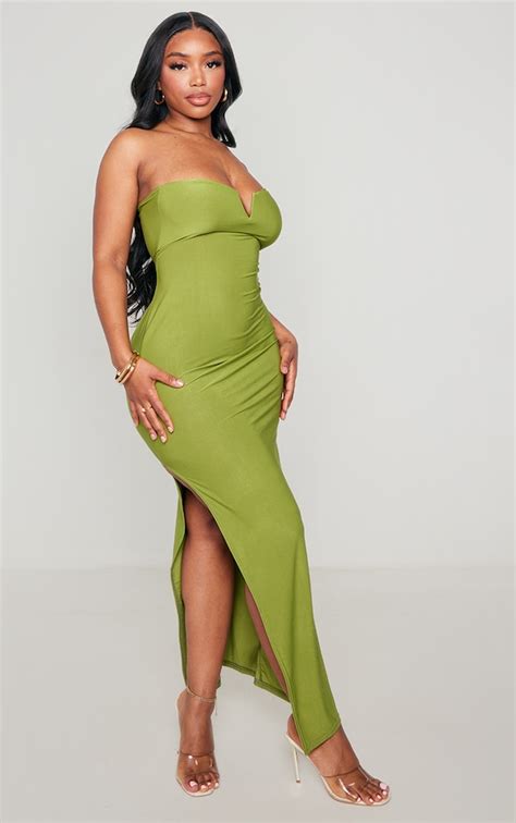 Shape Olive Slinky V Bar Midi Dress Shape Prettylittlething Usa