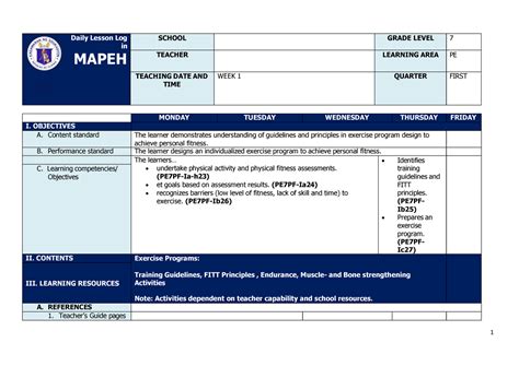 Q1 Grade 7 Pe Dll Week 1 Dll And Dlp Daily Lesson Log In Mapeh School Grade Level 7 Teacher