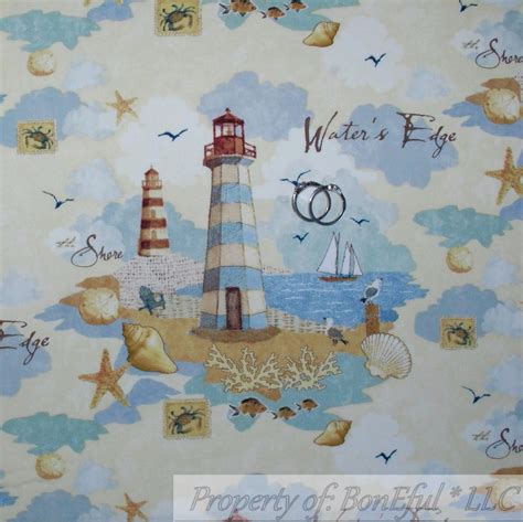 Boneful Fabric Fq Cotton Quilt Blue White Cloud Beach Sky Ocean