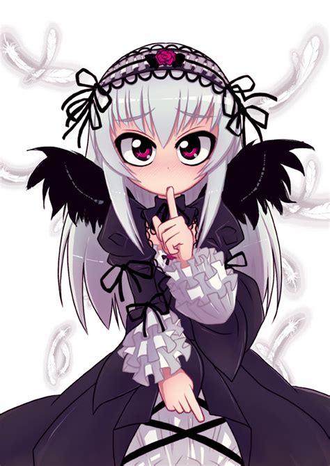 Safebooru Dress Feathers Frills Hairband Long Hair Purple Eyes Rozen Maiden Shh Shushing