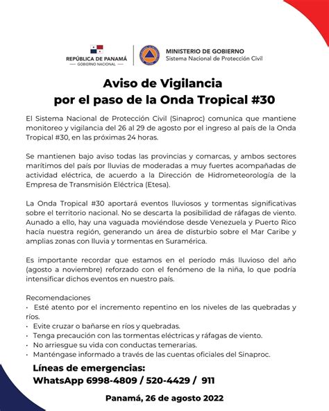 Aviso De Vigilancia Por El Paso De La Onda Tropical 30 Sinaproc