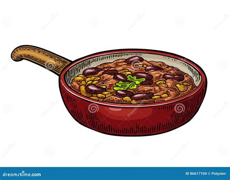 Chili Con Carne In Pan - Mexican Traditional Food. Vector Engraving ...