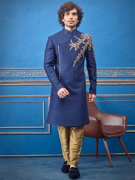 Royal Blue Cotton Silk Indo Western With Golden Churidar Shop Online