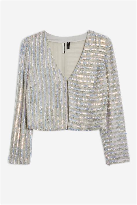 Topshop Cotton Iridescent Sequin Jacket In Silver Metallic Lyst