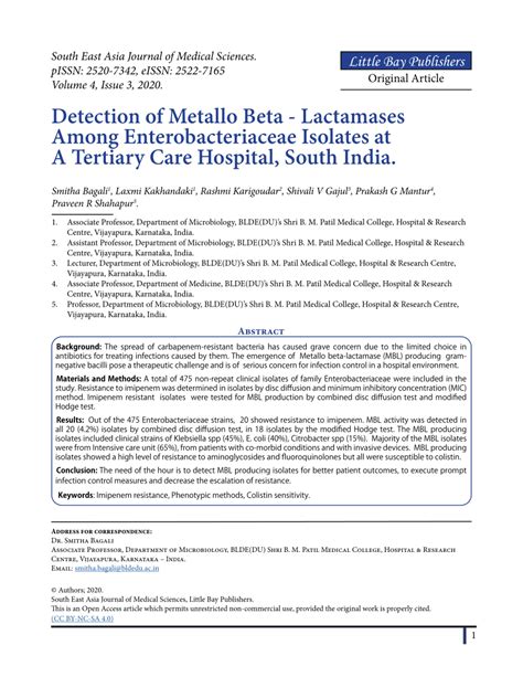 PDF Detection Of Metallo Beta Lactamases Among Enterobacteriaceae