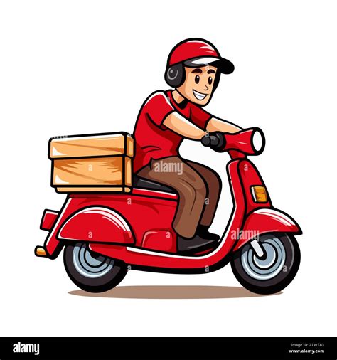 Delivery Man Riding A Red Scooter Cartoon Illustration Vector