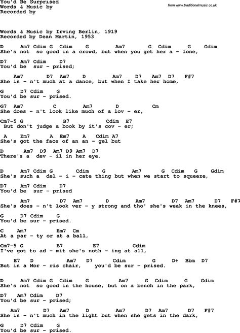 Song lyrics with guitar chords for You'd Be Surprised - Dean Martin, 1953