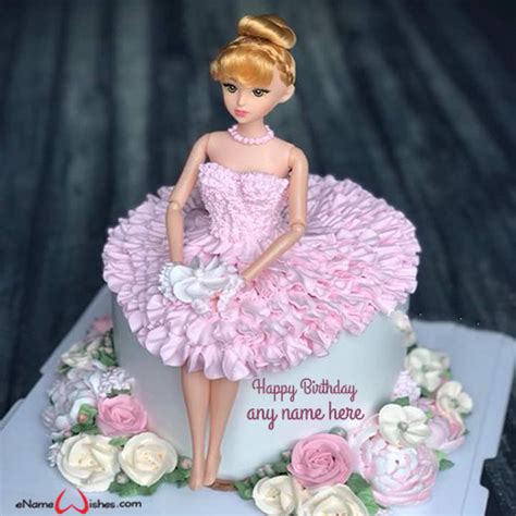 Cute Barbie Doll Cake With Name Generator Name Birthday Cakes Write