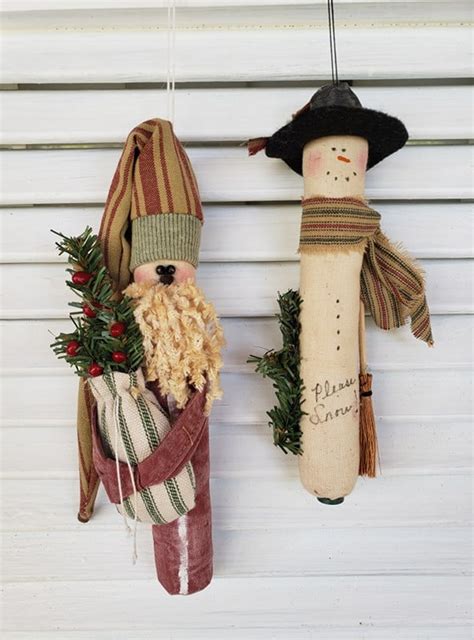 Primitive Christmas Snowman And Santa Ornament Set Primitive Etsy