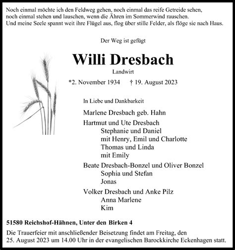 Traueranzeigen Von Willi Dresbach Wirtrauern