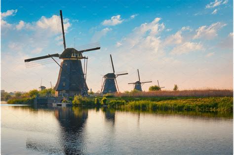 Windmills At Kinderdijk In Holland Architecture Stock Photos