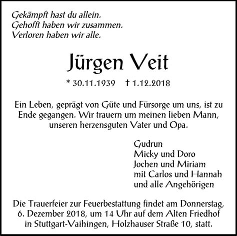 Traueranzeigen von Jürgen Veit stuttgart gedenkt de