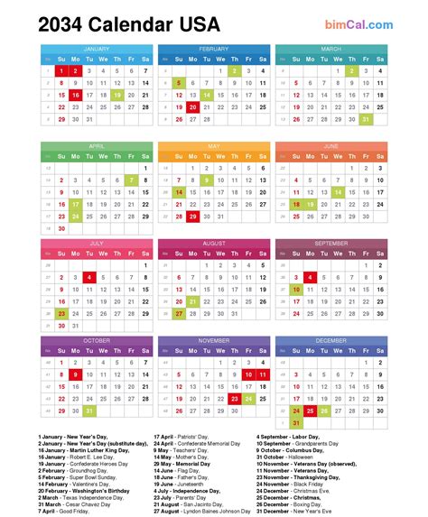 2034 Calendar Usa Bimcal