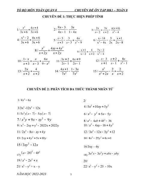 ĐỀ CƯƠng ToÁn 8 Hk1 22 23 ChuyÊn ĐỀ 1 ThỰc HiỆn PhÉp TÍnh 2 4 4 1 3 6 3 6 X X X X 9 3 3