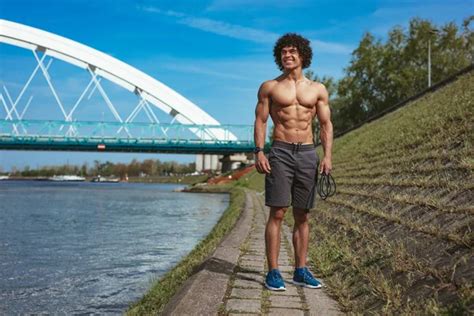 Strong Bodybuilder Naked Torso Standing River Bridge Ready Morning Workout Stock Photo