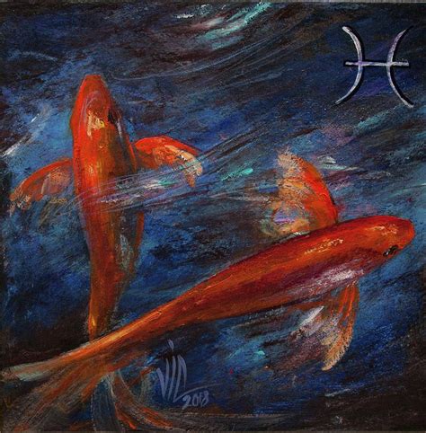 An Oil Painting Of Two Orange Fish Swimming In The Water With A Zodiac